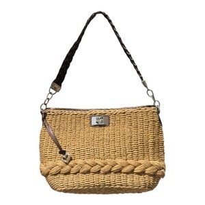 Brighton Brown Leather Trim Woven Straw Handbag Braided Accent Leopard Lining